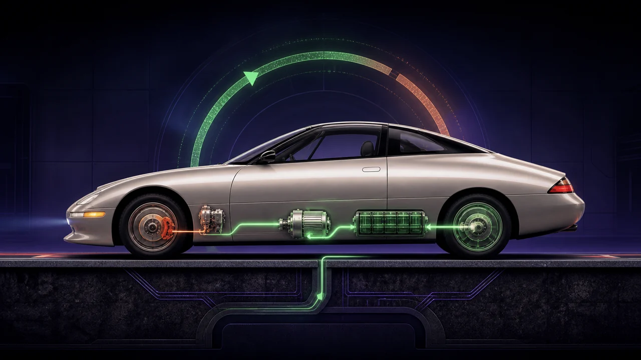 Ilustración editorial de un cupé eléctrico aerodinámico de los años noventa con un circuito conceptual de frenado regenerativo.